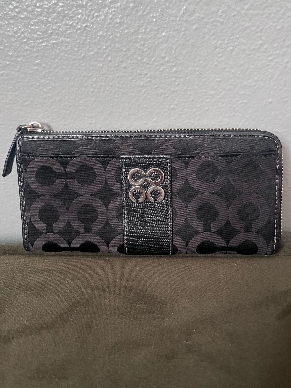 Coach Black and Dark Gray Signature Zip Wallet